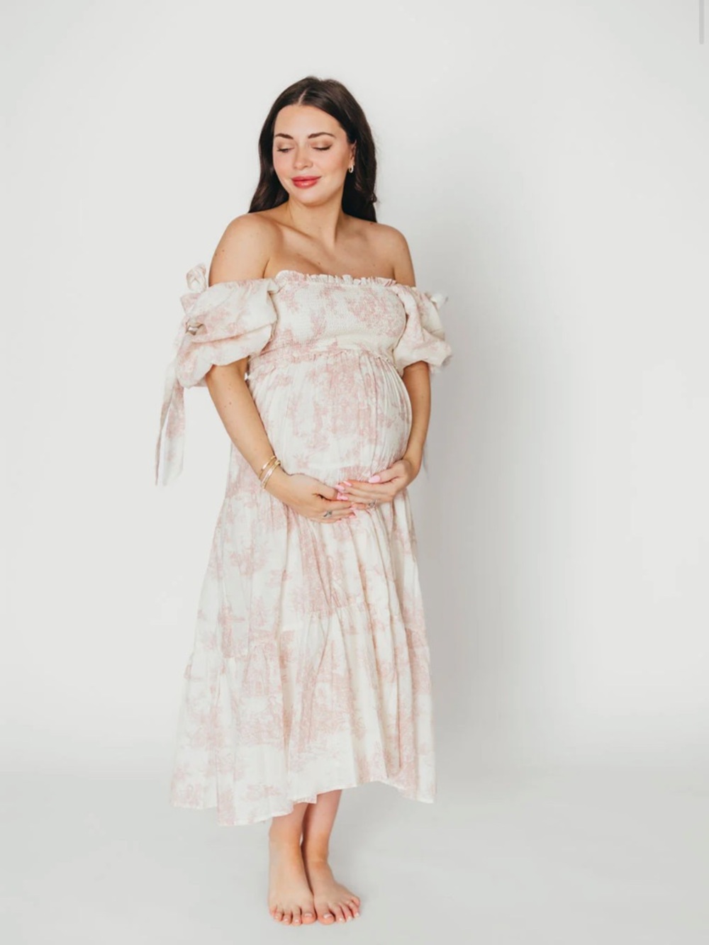 Shop WORTH COLLECTIVE Elena Smocked Toile Print Midi Dress - Taupe, Medium - Picture 6 of 7